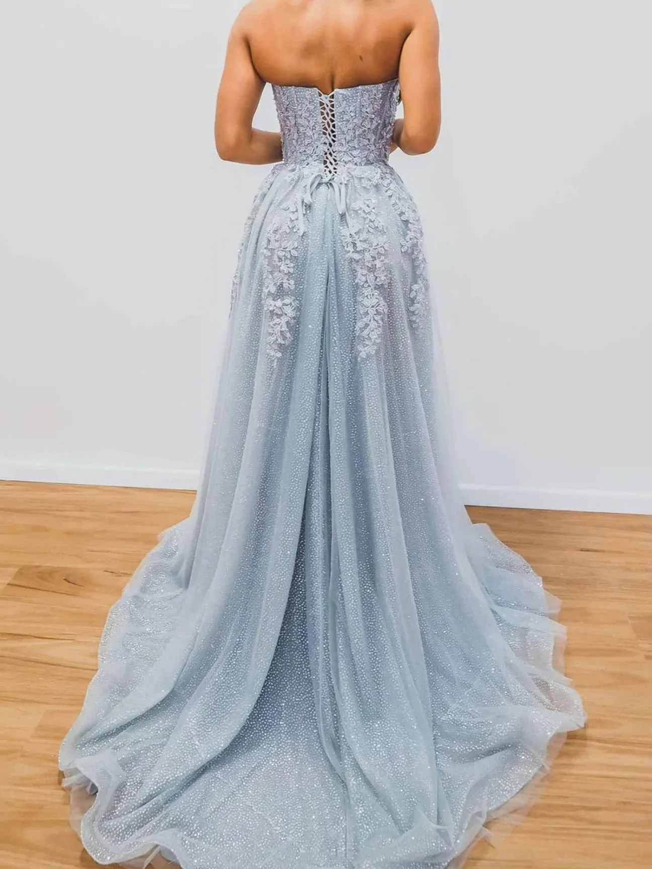 Gray Blue Tulle Sequin Long Prom Dress,Front Slit Graduation Holiday Dresses