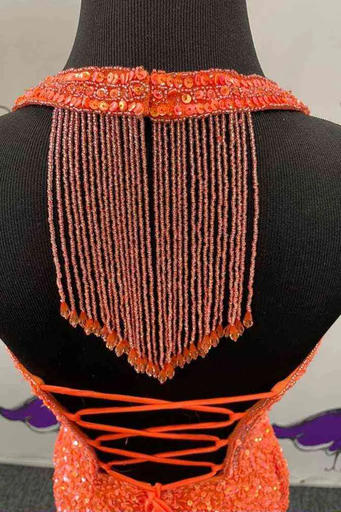 Halter Orange Sequins Bodycon Homecoming Dress with Tassel