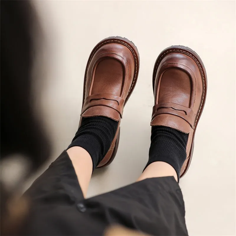 Handmade Womens Genuine Leather Penny Loafers Coffee/Brown