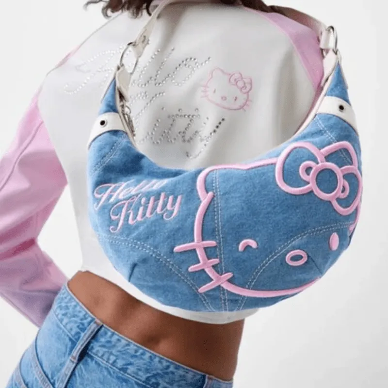 Hello Kitty Denim Shoulder Bag - Chic Underarm Crossbody Tote, Secure Turn-Lock Flap & Chain, Casual Fashion Handbag for Shopping, Travel, Outdoor - Birthday Party Gift, No Electricity Needed