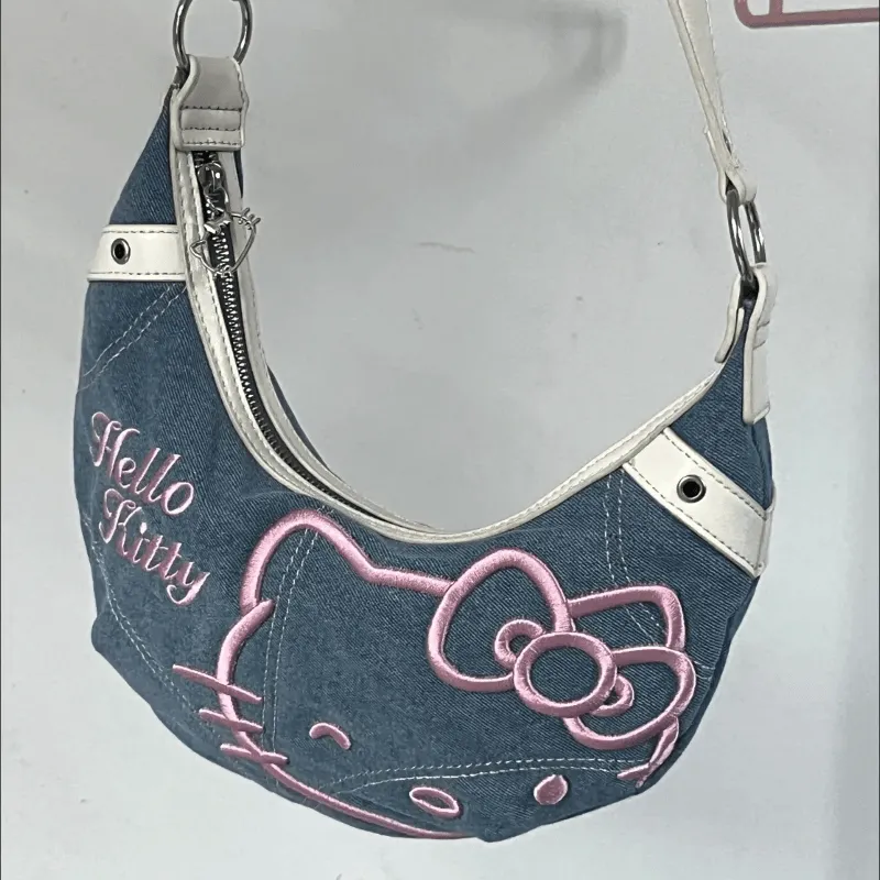 Hello Kitty Denim Shoulder Bag - Chic Underarm Crossbody Tote, Secure Turn-Lock Flap & Chain, Casual Fashion Handbag for Shopping, Travel, Outdoor - Birthday Party Gift, No Electricity Needed