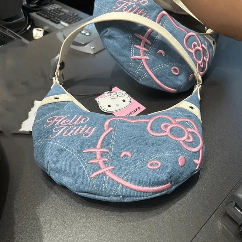 Hello Kitty Denim Shoulder Bag - Chic Underarm Crossbody Tote, Secure Turn-Lock Flap & Chain, Casual Fashion Handbag for Shopping, Travel, Outdoor - Birthday Party Gift, No Electricity Needed