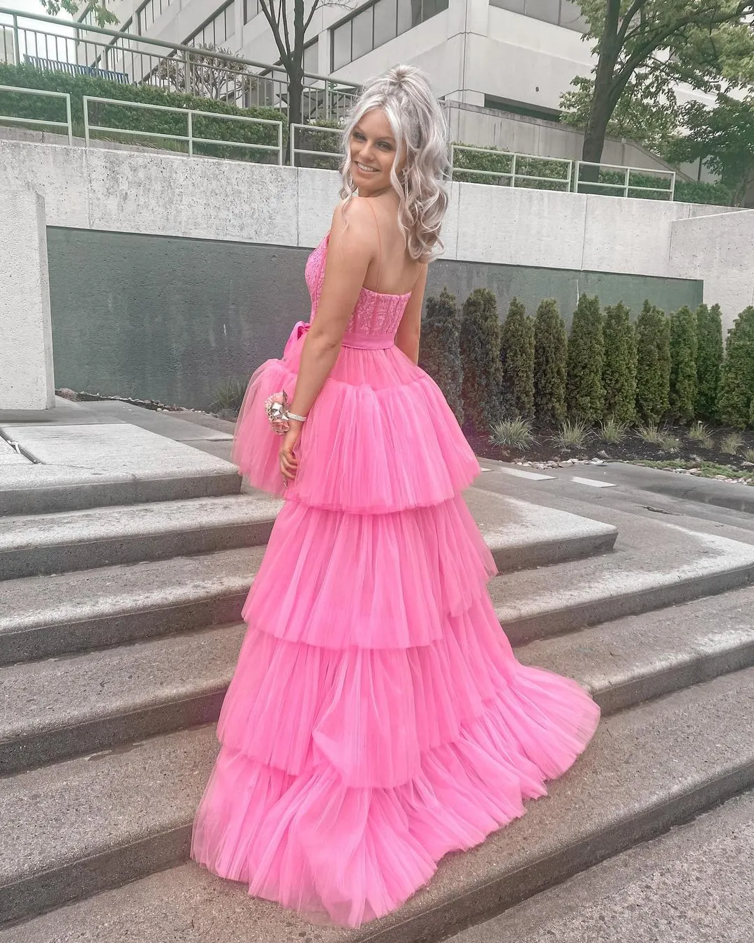 High Low Hot Pink Tiered Prom Dress with Spaghetti Straps,Elegant Graduation Dresses