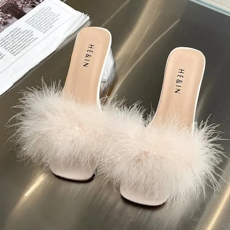 Hnzxzm Sandal Women Summer Outdoor Fashion Slippers Square Toe High Heels Office Ladies Feather Slides Chic Classics Furry Shoes