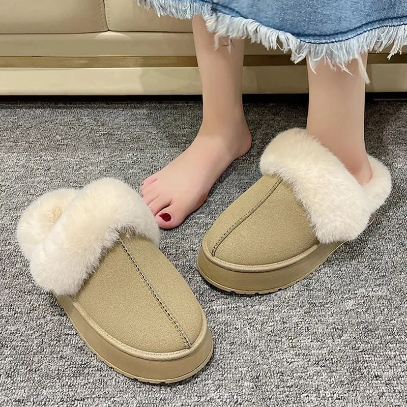 Hnzxzm Women Thick Sole Faux Fur Slippers Winter Plush Warm Cotton Shoes Woman Indoor Outdoor Non Slip Fluffy Platform