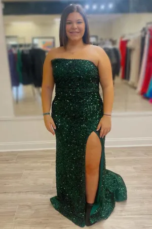 Hunter Green Sequin Strapless Long Formal Dress with Slit,Plus Size Prom Dresses