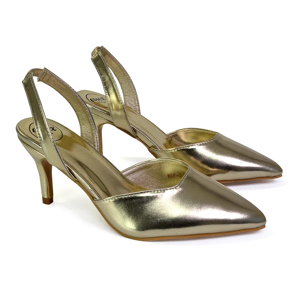 Imogen Pointed Toe Sling Back Stiletto Mid Heel Court Shoes in Gold