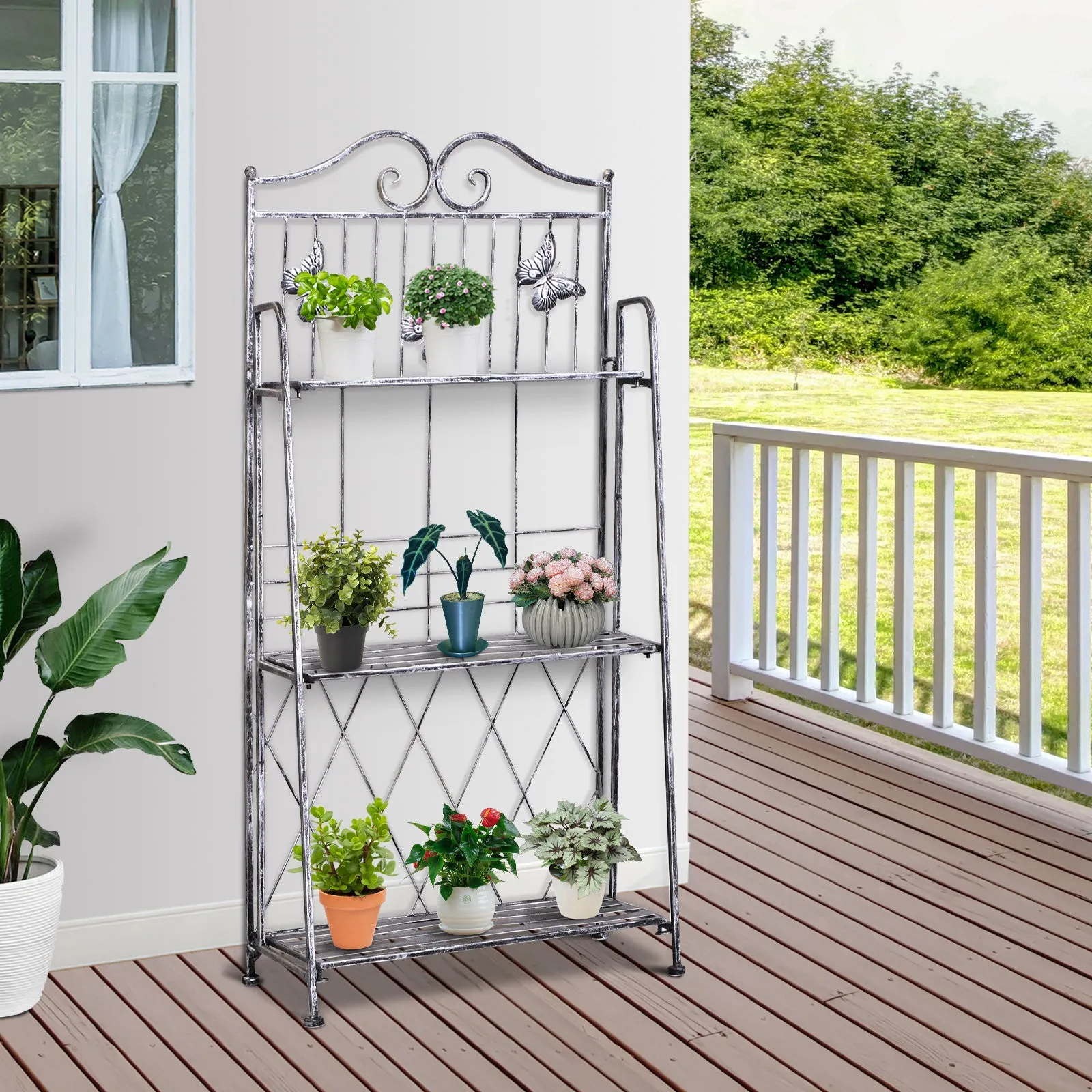 Indoor Outdoor Freestanding 3-Tier Garden Plant Stand Metal Flower Display Rack for Potted Plants Balcony D√É¬©cor 44L x 25W x 96H cm