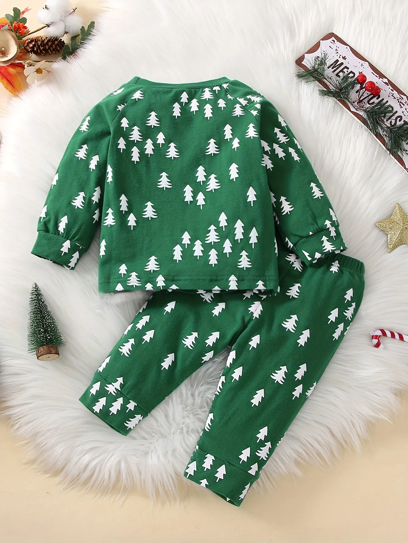 Infant Baby Christmas Cute Outfits, Round Neck Long Sleeve Allover Random Christmas Tree Print Pullover & Pants Two-pieces Set, Outdoor Cloth