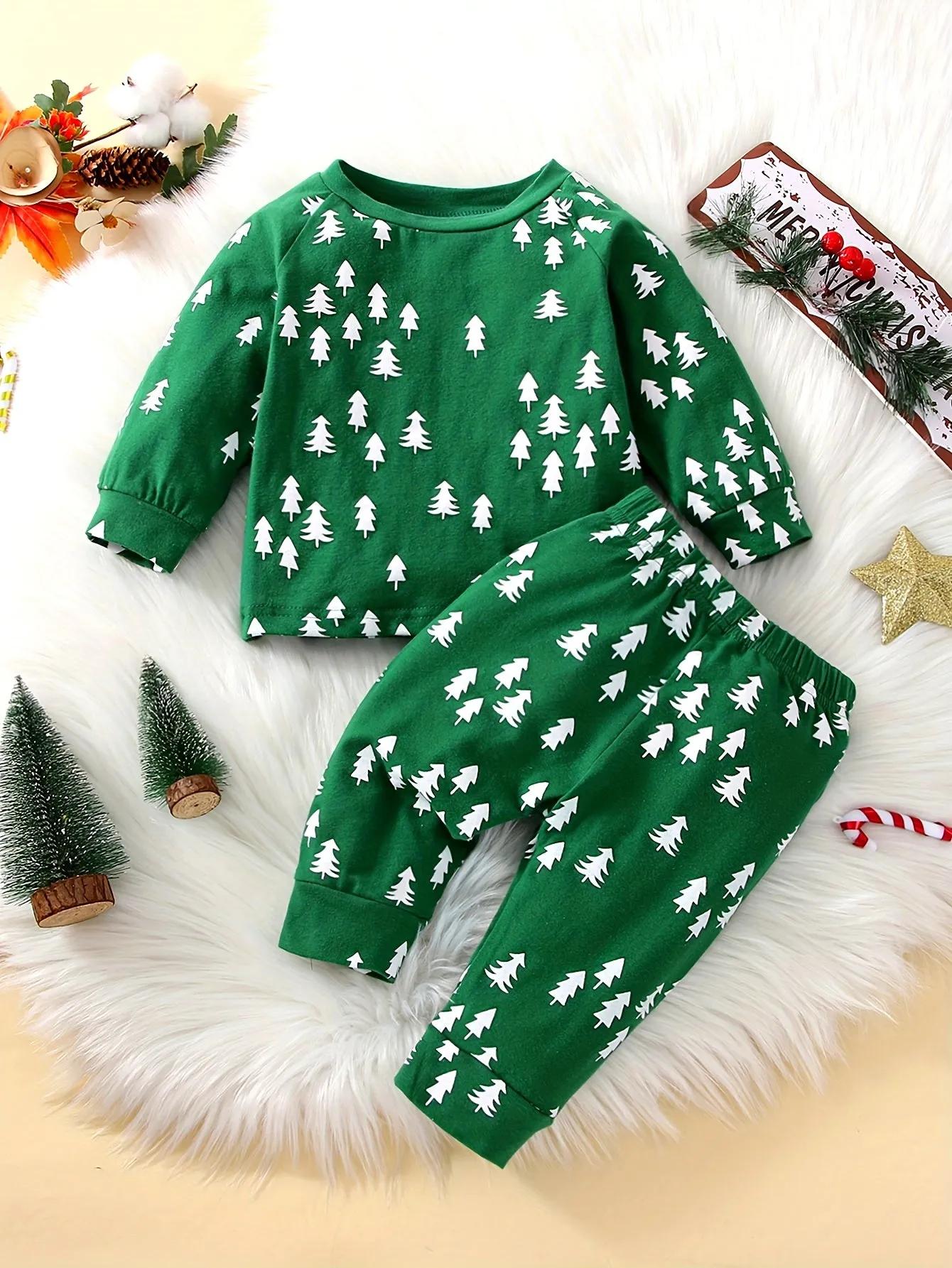 Infant Baby Christmas Cute Outfits, Round Neck Long Sleeve Allover Random Christmas Tree Print Pullover & Pants Two-pieces Set, Outdoor Cloth