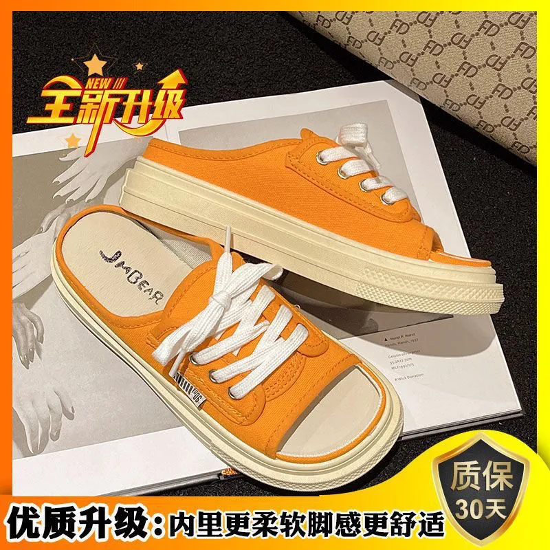 Internet Celebrity Canvas Semi-Slippers Women's Outdoor Ins Fashionable  Summer New Fashion All-Match Slip-on Platform Sandals