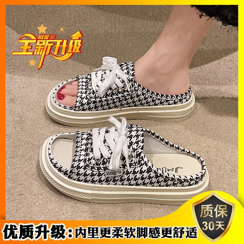 Internet Celebrity Canvas Semi-Slippers Women's Outdoor Ins Fashionable  Summer New Fashion All-Match Slip-on Platform Sandals