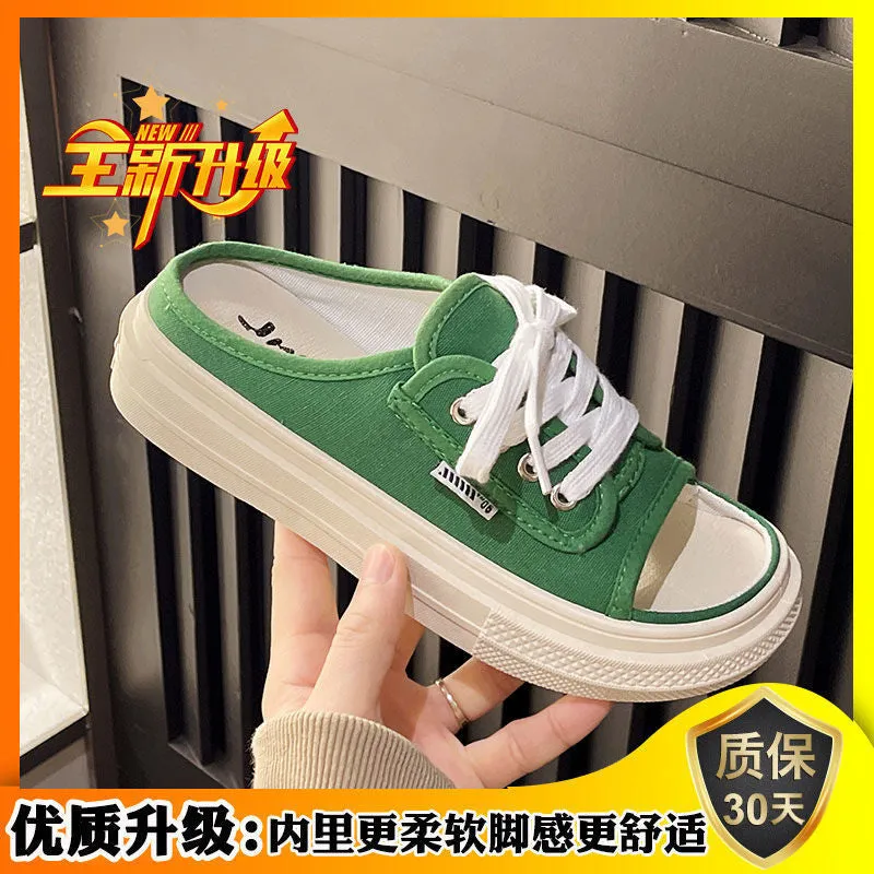 Internet Celebrity Canvas Semi-Slippers Women's Outdoor Ins Fashionable  Summer New Fashion All-Match Slip-on Platform Sandals