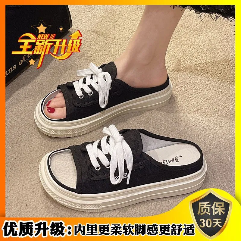 Internet Celebrity Canvas Semi-Slippers Women's Outdoor Ins Fashionable  Summer New Fashion All-Match Slip-on Platform Sandals