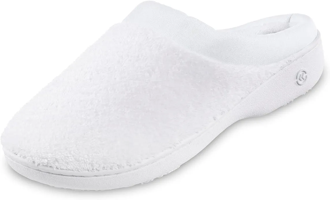 Isotoner Women's Terry and Satin Slip on Cushioned Slipper with Memory Foam for Indoor/Outdoor Comfort Flat Sandals