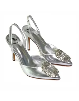 Issy Sling Back Strappy Pointed Toe Stiletto High Heel Court Shoes in Silver