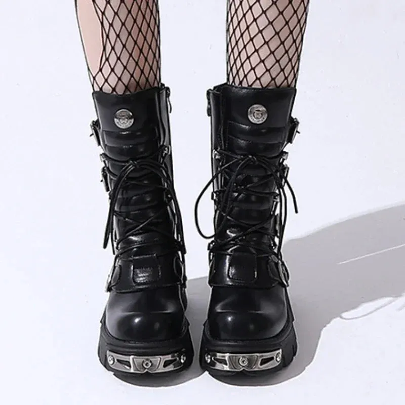 J122 Women's Black Motorcycle Boots: British Street Style Casual Shoes