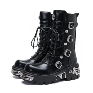 J122 Women's Black Motorcycle Boots: British Street Style Casual Shoes