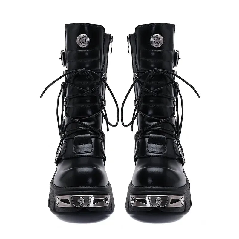 J122 Women's Black Motorcycle Boots: British Street Style Casual Shoes