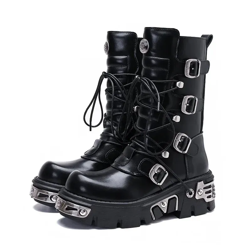 J122 Women's Black Motorcycle Boots: British Street Style Casual Shoes