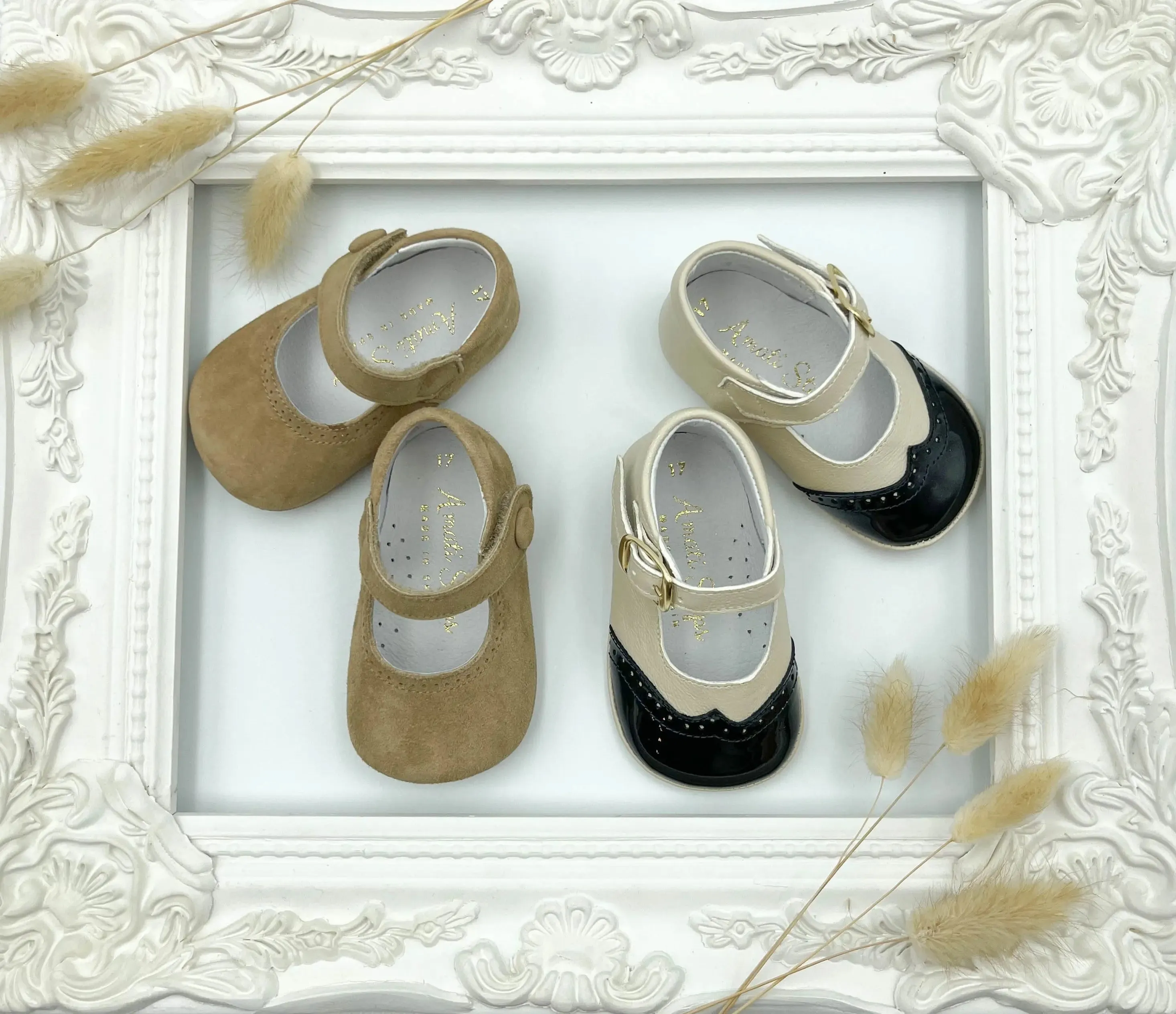 Karolina- Beige/Black Leather Baby Mary Jane Shoes