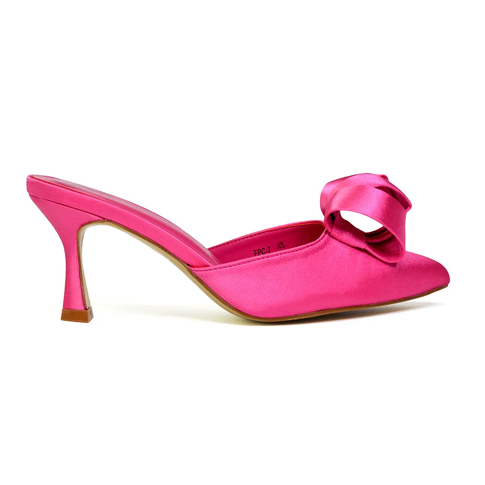 Keri Slip On Mid High Heel Stilettos Mules Party Court Shoes with Pointed Toe in Fuchsia