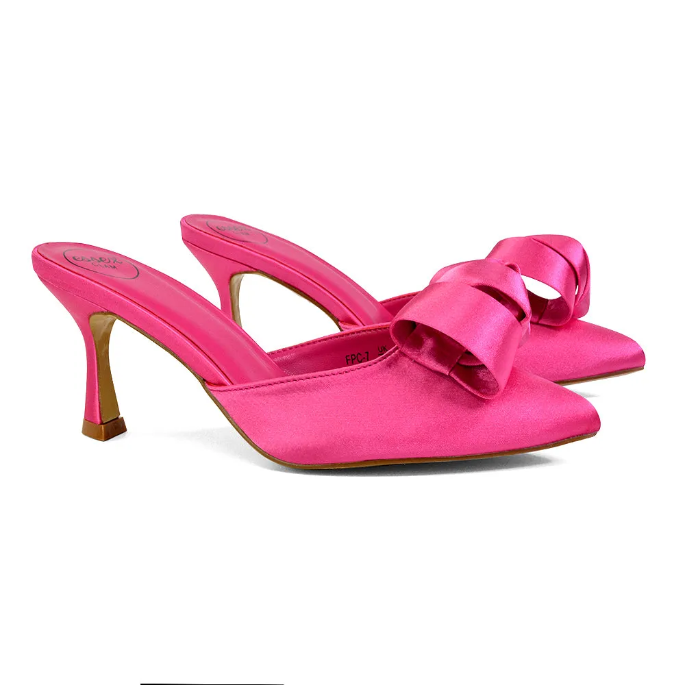 Keri Slip On Mid High Heel Stilettos Mules Party Court Shoes with Pointed Toe in Fuchsia