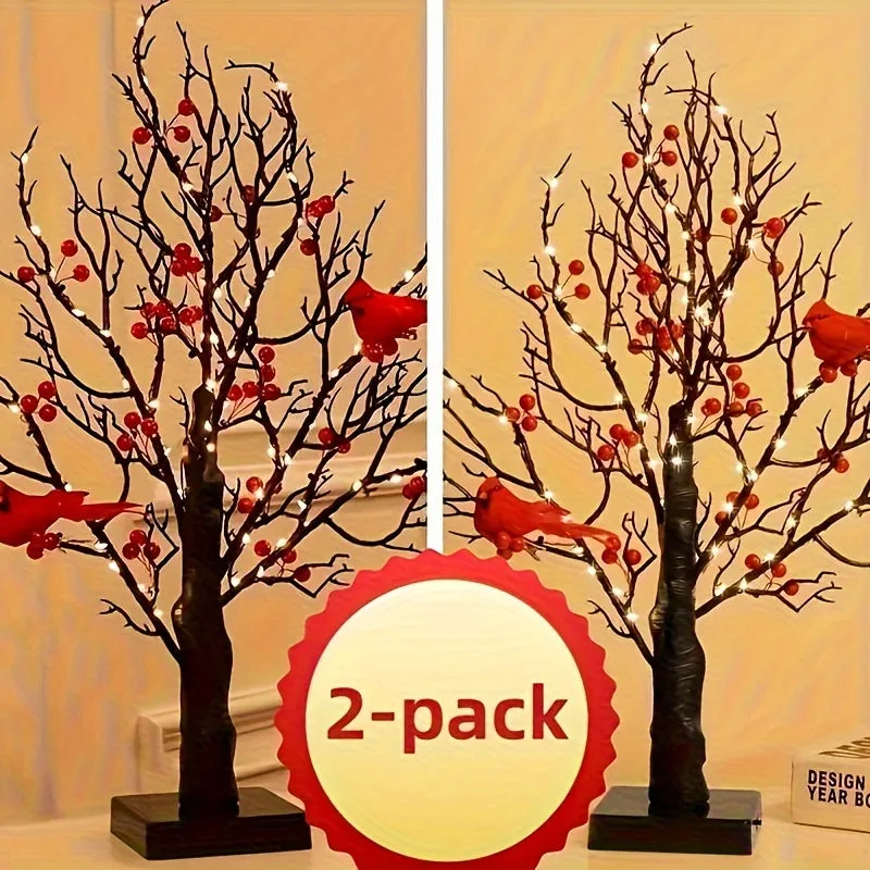 kkboxly 2-pack, Tree Design Table Lamp, Glowing Red Bird Tree Lamp, Modeling Lamp, Christmas LED Simulated Red Flower Tree Lamp, Christmas Tree, Thanksgiving Decoration, Living Room Desktop Bonsai Tree For Room Decoration, Battery Box Powered