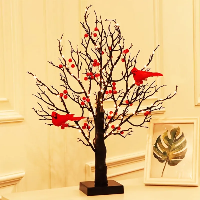 kkboxly 2-pack, Tree Design Table Lamp, Glowing Red Bird Tree Lamp, Modeling Lamp, Christmas LED Simulated Red Flower Tree Lamp, Christmas Tree, Thanksgiving Decoration, Living Room Desktop Bonsai Tree For Room Decoration, Battery Box Powered