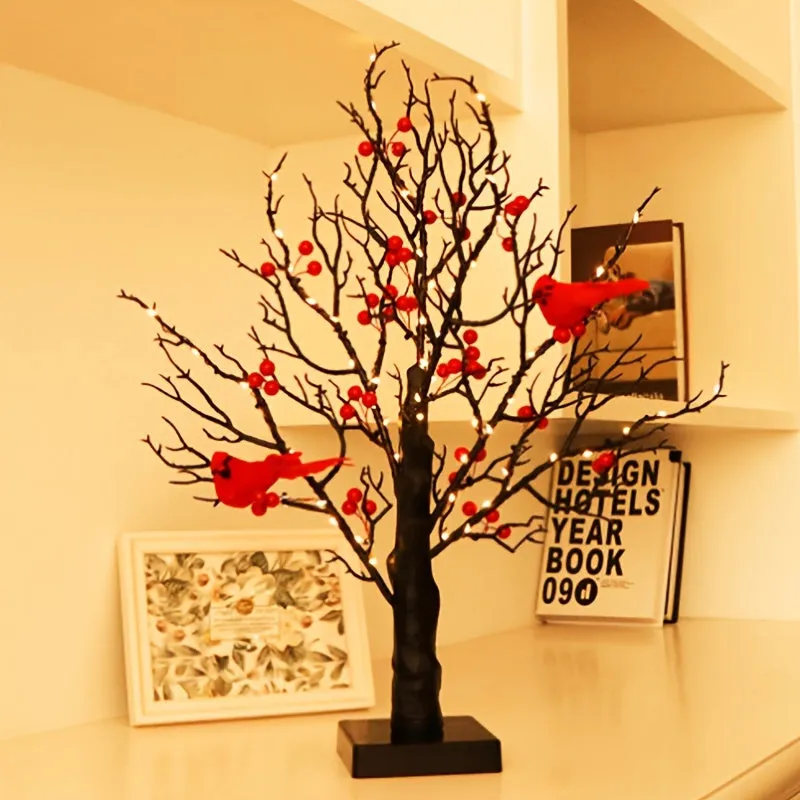 kkboxly 2-pack, Tree Design Table Lamp, Glowing Red Bird Tree Lamp, Modeling Lamp, Christmas LED Simulated Red Flower Tree Lamp, Christmas Tree, Thanksgiving Decoration, Living Room Desktop Bonsai Tree For Room Decoration, Battery Box Powered