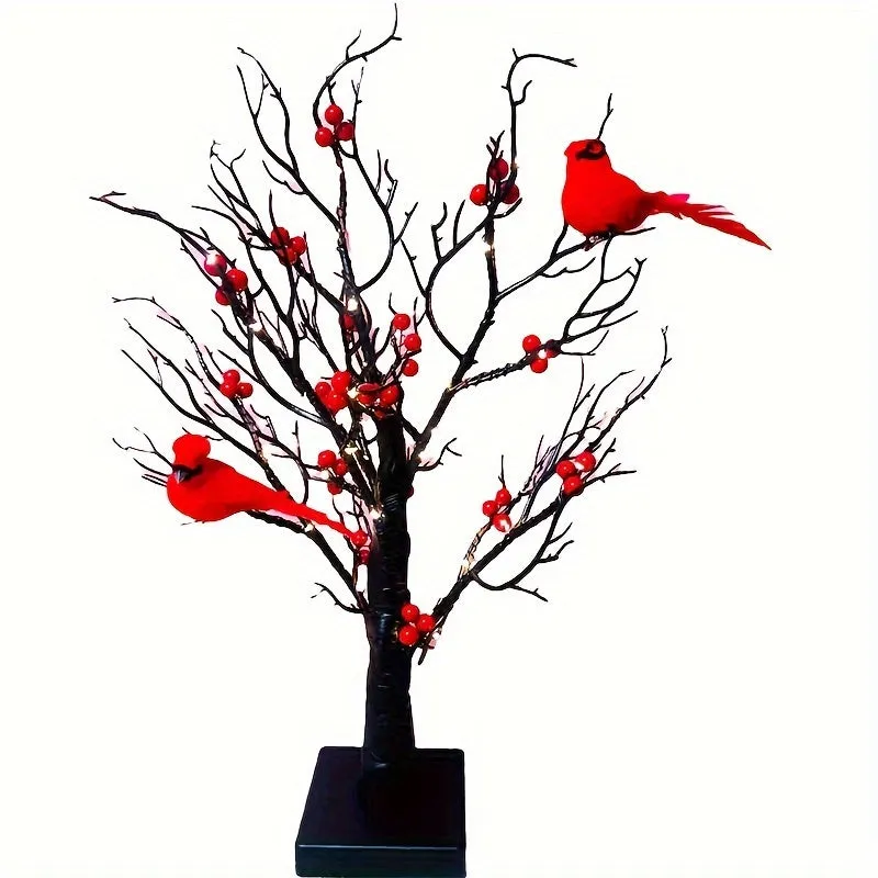 kkboxly 2-pack, Tree Design Table Lamp, Glowing Red Bird Tree Lamp, Modeling Lamp, Christmas LED Simulated Red Flower Tree Lamp, Christmas Tree, Thanksgiving Decoration, Living Room Desktop Bonsai Tree For Room Decoration, Battery Box Powered