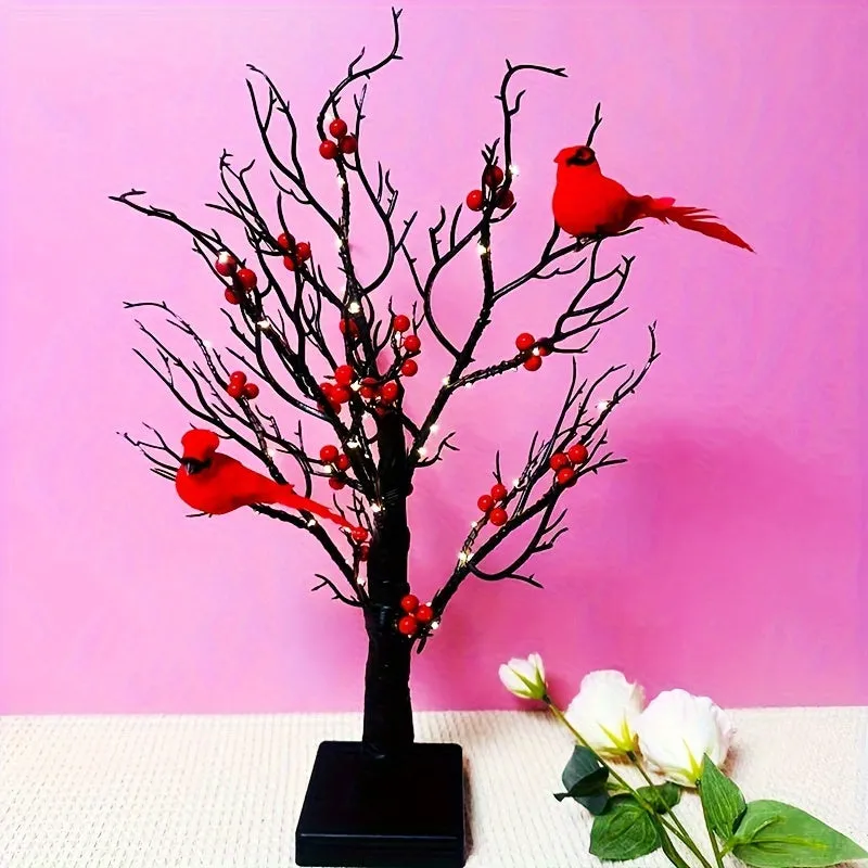 kkboxly 2-pack, Tree Design Table Lamp, Glowing Red Bird Tree Lamp, Modeling Lamp, Christmas LED Simulated Red Flower Tree Lamp, Christmas Tree, Thanksgiving Decoration, Living Room Desktop Bonsai Tree For Room Decoration, Battery Box Powered