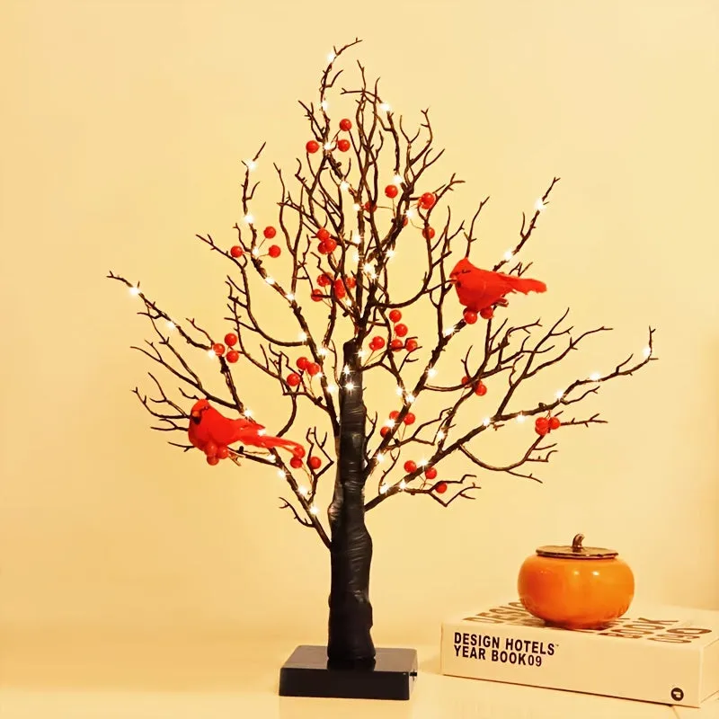 kkboxly 2-pack, Tree Design Table Lamp, Glowing Red Bird Tree Lamp, Modeling Lamp, Christmas LED Simulated Red Flower Tree Lamp, Christmas Tree, Thanksgiving Decoration, Living Room Desktop Bonsai Tree For Room Decoration, Battery Box Powered