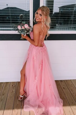 Lace Up Back Pink A-line Long Formal Dress Leg Split Prom Gown