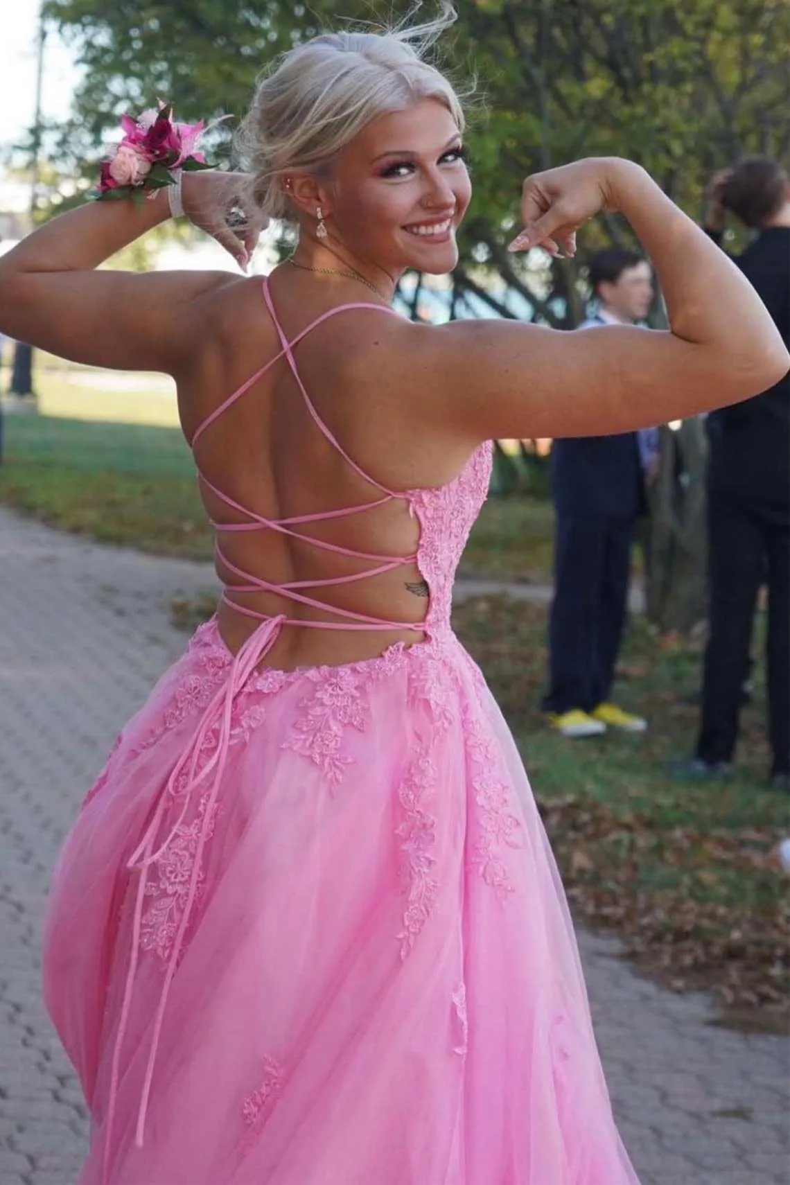 Lace Up Back Pink A-line Long Formal Dress Leg Split Prom Gown