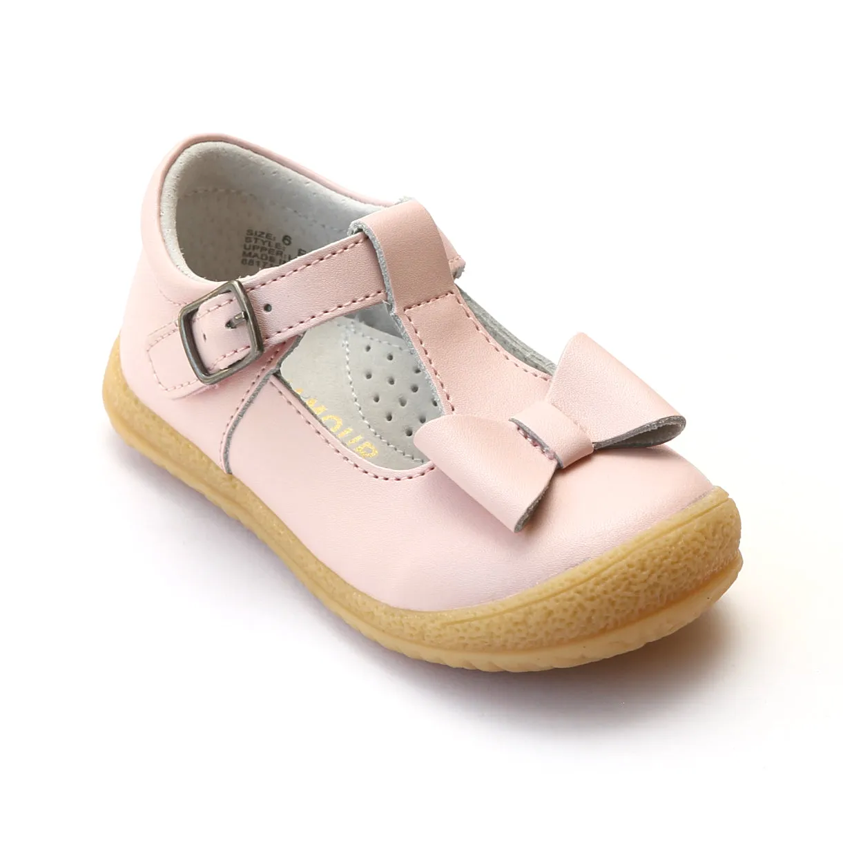 L'Amour Girls Pink T-Strap Bow Mary Janes