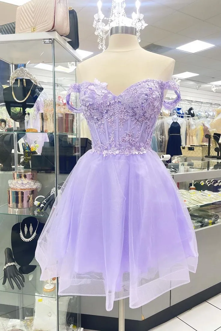 Lavender Appliques Homecoming Dress Tulle Short Party Dresses