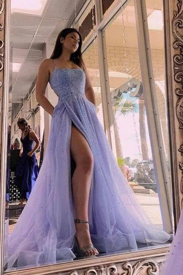 Lavender Tulle A-line Beaded Long Prom Dresses With Slit