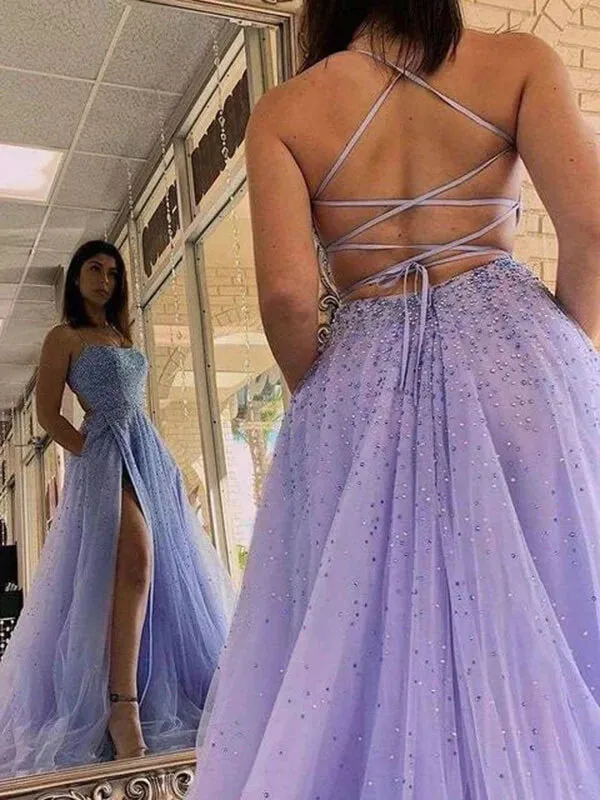 Lavender Tulle A-line Beaded Long Prom Dresses With Slit