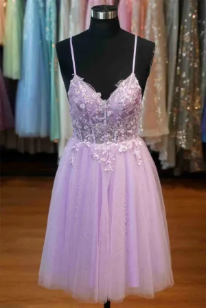 Lavender V-Neck Lace Appliques Short Homecoming Dress