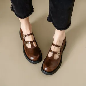 Leather Double T Strap Mary Jane Shoes Round Toe 35mm Block Heel in Brown/Black