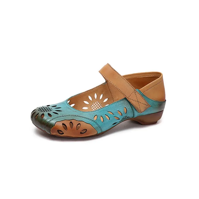 Leather Mary Jane Sandals Women Handmade Round Toe Cut Out in Gray/Blue