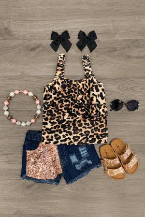 Leopard Sequin Denim Short Set