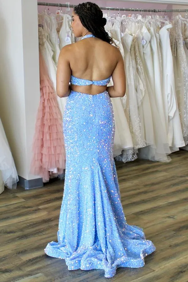 Light Blue Iridescent Sequin Halter Trumpet Long Prom Dress