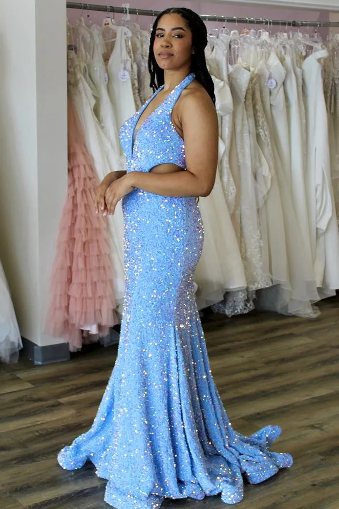 Light Blue Iridescent Sequin Halter Trumpet Long Prom Dress