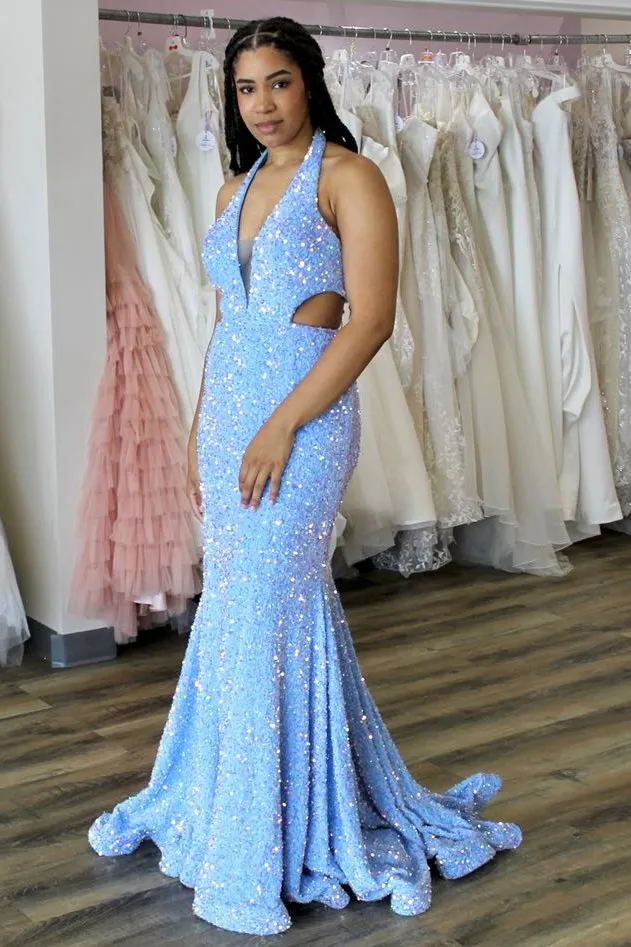 Light Blue Iridescent Sequin Halter Trumpet Long Prom Dress