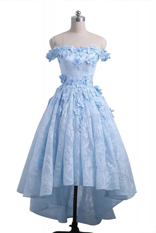 Light Blue Lace High Low Homecoming Dress,Floral Prom Dresses