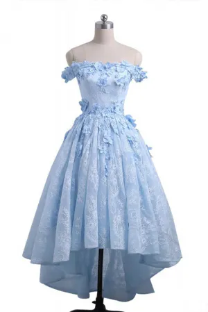 Light Blue Lace High Low Homecoming Dress,Floral Prom Dresses