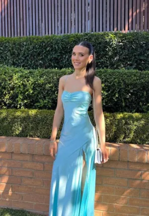 Light Blue Long Prom Dress Slit Formal Party Gown