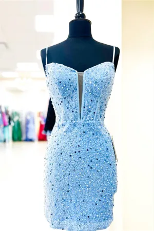 Light Blue Straps Sheath Beaded Sequined Cocktail Dresses Wedding